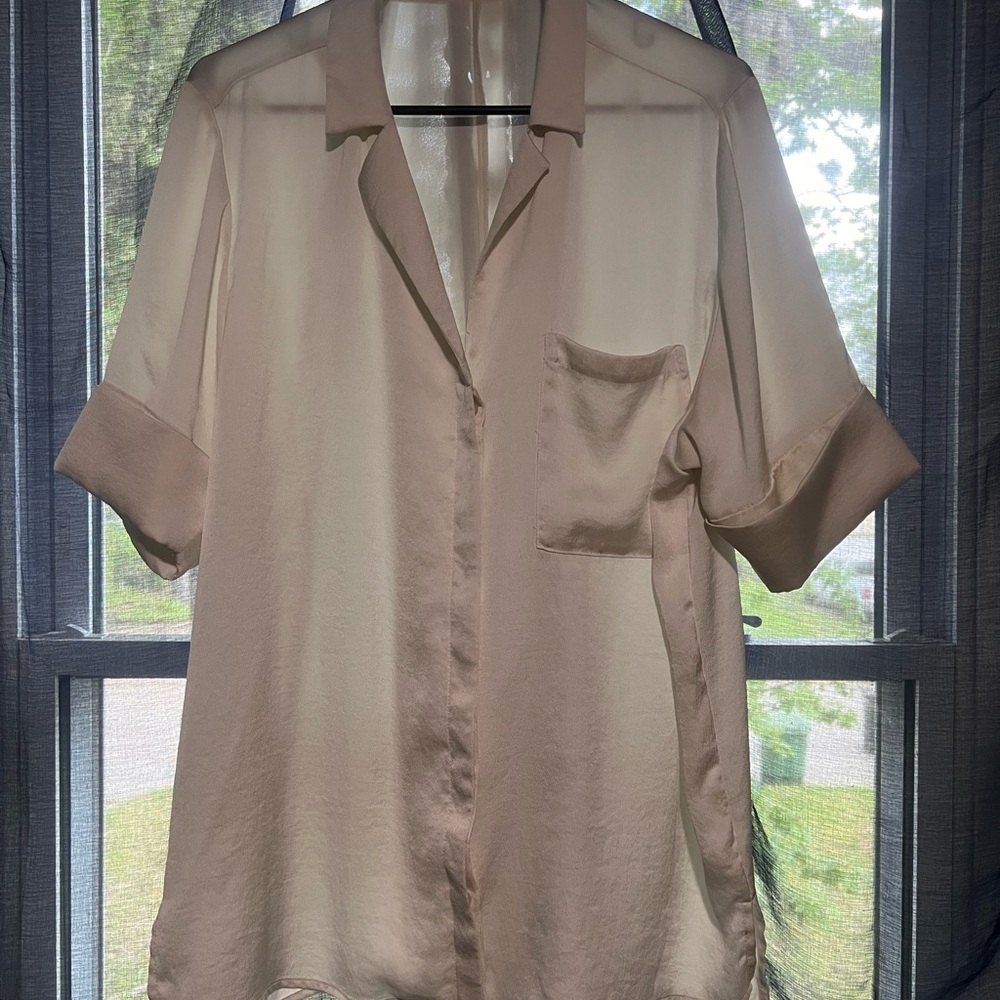 Nordstrom - Open Edit - Off White - Satin Shine - Oversized Button Front Top